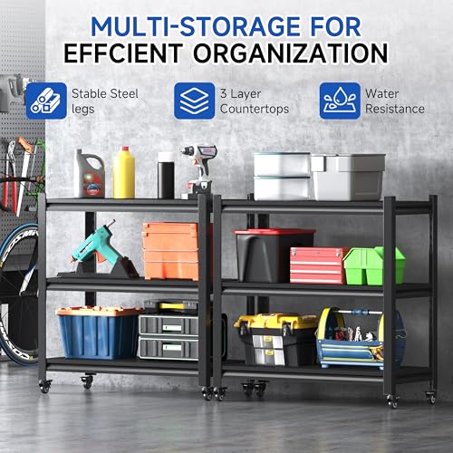 Standing Storage Racks,3 Tier Garage Shelving Heavy Duty Adjustable Garage Shelves,Large Modular Shelving Unit Storage Organizer for Kitchen/Bathroom/Pantry/Office-Assembly Required(Black) - size: 34.2''H-Black