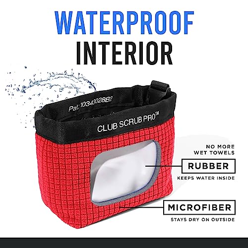 Club Scrub Golf Club and Golf Ball Cleaning Bag, Waterproof Clean Face Technology Liner, Detachable Clip, Machine Washable, Cleans Club Grooves, Dry Exterior (Neoprene or Microfiber Option Available) - color: Red, style: Microfiber Pro