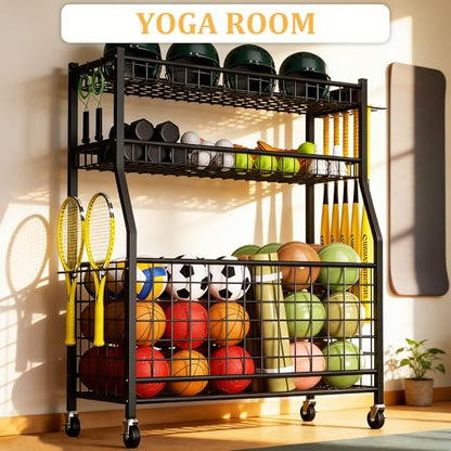 YOHKOH Sports Organizer for Garage, Large Sports Equipment Organizer Cart with 5 Baseball Stick Holders, Ball Storage Rack, Heavy-Duty Garage Sports Gear Storage with Wheels