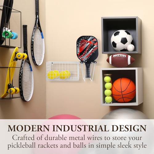MyGift 16 Inch Wall Mounted Metal Pickleball Paddle Rack and Storage, Hanging Equipment Organizer with Racket Holder and Basket for Balls - color: White