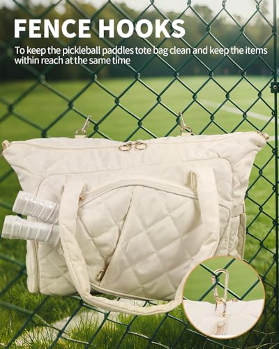 ESTARER Pickleball Tote Bag for Women with Shoe Compartment Large Pickleball Paddle Storage & Fence Hook - color: Off-white