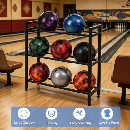 Bowling Ball Rack, Heavy Duty Bowling Ball Stand, Metal Storage Organizer Holds 9 Balls for Home, Garage, Game Room or League Equipment