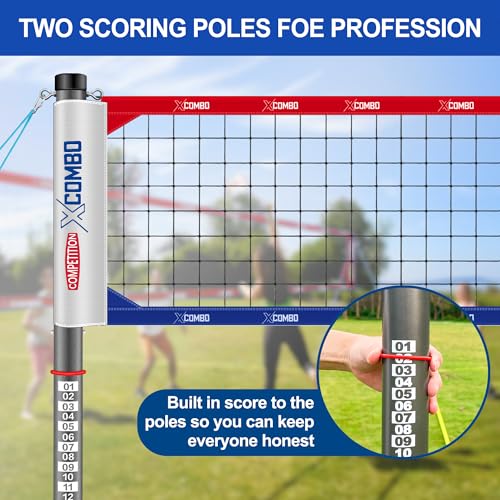 Professional Volleyball Net Set Heavy Duty for Outdoor Backyard Portable with Aluminum Adjustable Height Scoring Poles, Regulation Nets System for Tournament, Grass