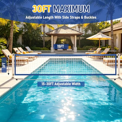 Pool Volleyball Net Replacement, Heavy Duty PE Net with Adjustable Length 15-30 FT, Waterproof Oxford Border for Outdoor In-Ground & Above Ground Pools, Includes Carabiners & Storage Bag