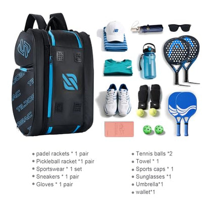 TILDOSAC 2-in-1 Detachable Pickleball & Padel Bag for Men Women | Thermal Foil Insulated Racket Compartment | Outdoor & Gym - color: Black Blue