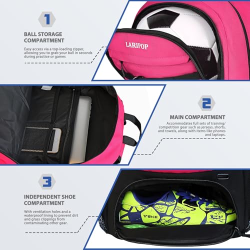 LARIPOP Soccer Backpack with Ball Holder & Shoe Compartment Large Capacity Youth Sports Bag for Training - color: Pink