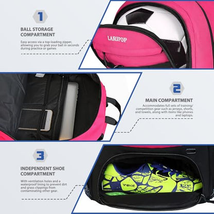 LARIPOP Soccer Backpack with Ball Holder & Shoe Compartment Large Capacity Youth Sports Bag for Training - color: Pink