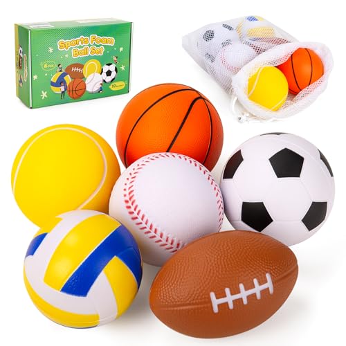 Soft Foam Sports Balls Set for Babies Toddlers, 6 Pack 3.5" Small Multi Ball Including Basketball Soccer Baseball Tennis Volleyball Football, Indoor Outdoor Play Toy Gift for Boys Girls - color: 3.5" Foam Balls - 6 Pack
