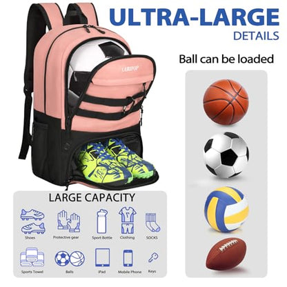 LARIPOP Soccer Backpack with Ball Holder & Shoe Compartment Large Capacity Youth Sports Bag for Training - color: Flesh Pink