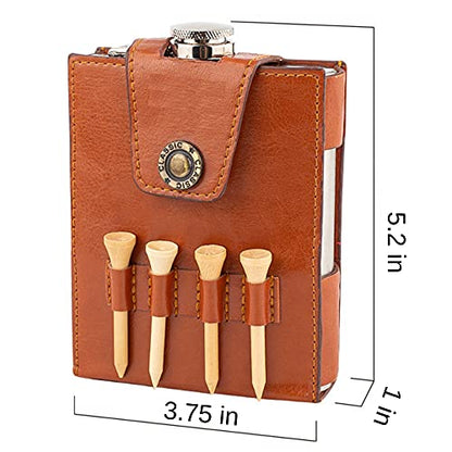 Golf Flask Gift Set - 7oz Flask With Leather Case - Golf Accessories for Men and Women - Includes Divot Tool, Tees and Ball Marker
