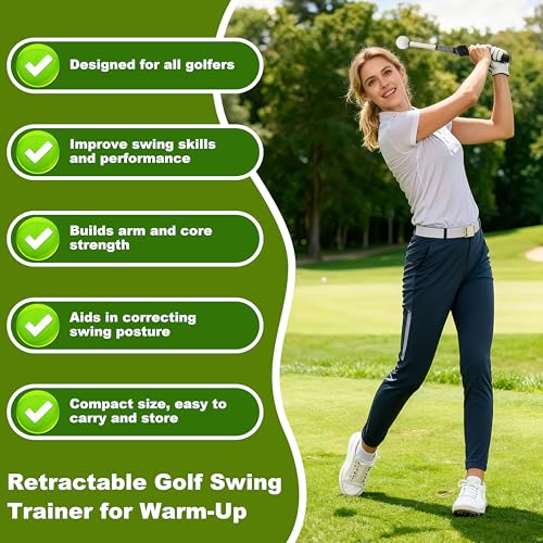 Pro-Level Retractable Golf Swing Trainer, Training Aid with Golf Grip Trainer, Golf Trainer for Beginners & Tempo Training for Advanced, Click Feedback, Arm Connection, Indoor/Outdoor