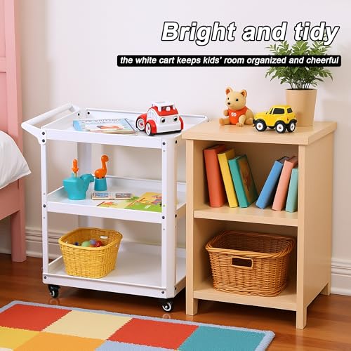 3 Tier Metal Utility Rolling Cart with Wheels, Heavy Duty Storage Organizer Trolley Cart for Kitchen, Bathroom, Office, Bedroom – Multi-Purpose 330Lbs Capacity Utility Cart on Wheels, White - color: White