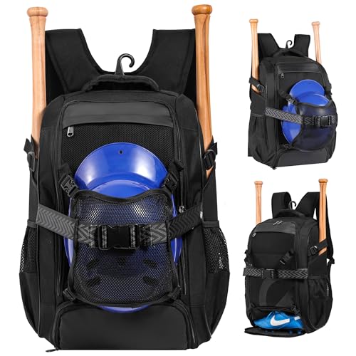 Large Baseball Backpack for Adult Youth 42L Softball Bat Bag with Detachable Adjustable Helmet Mesh Pocket Fit Basketball Soccer Volleyball Baseball Equipment Bag for Men Women 12+ Boys Girls - color: Black