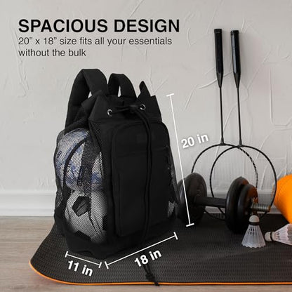Fitdom Heavy Duty Small Mesh Equipment Ball Bag w/Adjustable Backpack Shoulder Strap Design for Coach. 3 Different Size Compartments. Perfect for Soccer Football Volleyball Basketball & Water Sports