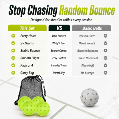 4 Pack of Outdoor/Indoor Pickleball Balls | Crack-Resistant 40 Holes Outdoor Pickleball Balls with Storage Bag | Perfectly Balanced High Bounce - Pickle Ball for Training & Tournament Play (Green)