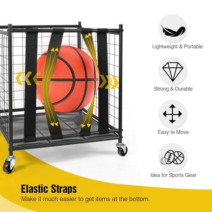 RedSwing Ball Storage Bin Rolling Sports Ball Cart, Metal Garage Sports Equipment Organizer with Elastic Straps,Volleyball Softball Basketball Cage Storage Rack for Garage Playgroup Gym School