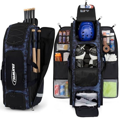 100L Rolling Catchers Gear Bag for Baseball Softball, Tactical Strike Edition, Fits Full Set & 8 Bats, All-Terrain Wheels, Stand-Up Base, Vented Shoe Zone, Reflective Strip, Fence Hooks