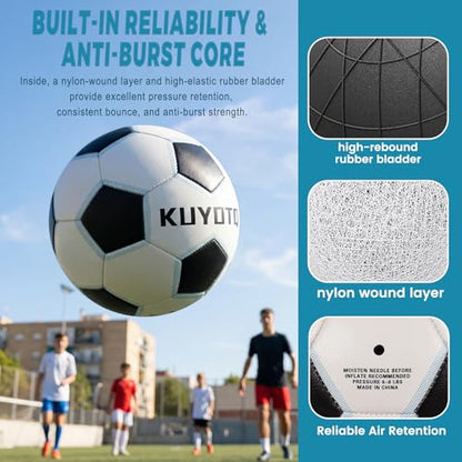 KUYOTQ Kids Youth Soccer Ball Size 4 Boys Leather Machine Stitched Hidden Stitch White Black Soccer Ball with Blue Trim for Boys Girls, Durable Strength and Water Resistance for Training and Match