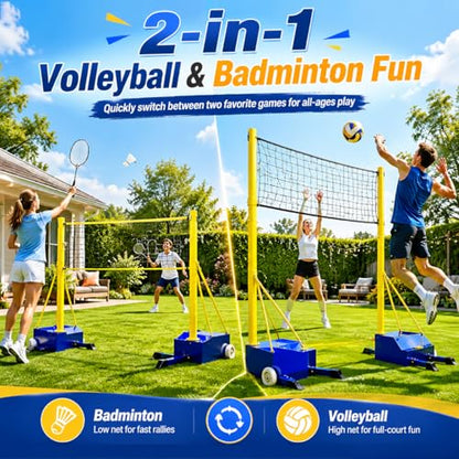 2-In-1Volleyball Poles Indoor&Outdoor,Badminton Net with Wheels Frame Poles W/Volleyball Net/Badminton Netbadminton Net for Backyard Beach Lawn Park