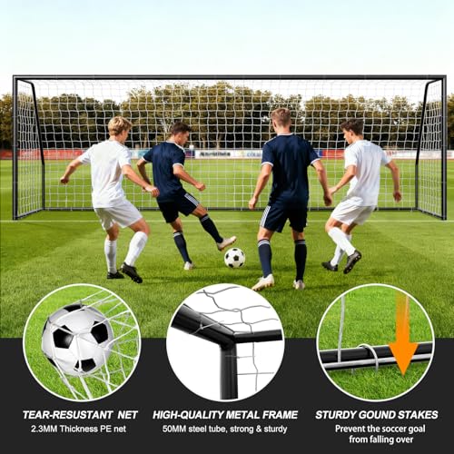 NAIZEA Soccer Goals - 24x8/21x7/18x7/12x6/16x7/10x6/8x6/6x4FT Soccer Goals for Backyard Training- Portable Metal Soccer Net for Youth & Adults - Heavy Duty Steel for Indoor Outdoor Games & Practice - size: 21ft x 7ft, style: Trainer-Black/Steel