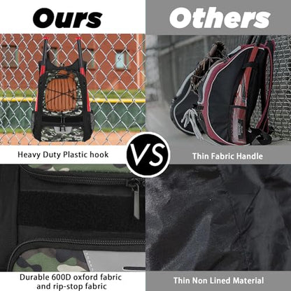 Goloni | Baseball Backpack,Baseball Bag for Adult,Softball Bat Bag with Shoes Compartment,Large Main Compartment for Helmet & accessories, Fence Hook - color: Green camo