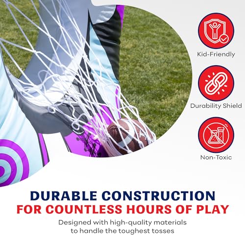 Preferred Toys 65” Inflatable Football Target Net Toss Game - Double-Sided Throwing Practice Football Stuff with Mini Balls - Backyard Tailgate Party Sports Toy for Kids & Adults - color: Yellow/Purple