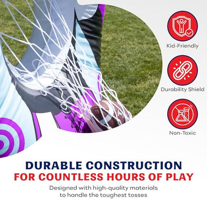 Preferred Toys 65” Inflatable Football Target Net Toss Game - Double-Sided Throwing Practice Football Stuff with Mini Balls - Backyard Tailgate Party Sports Toy for Kids & Adults - color: Yellow/Purple