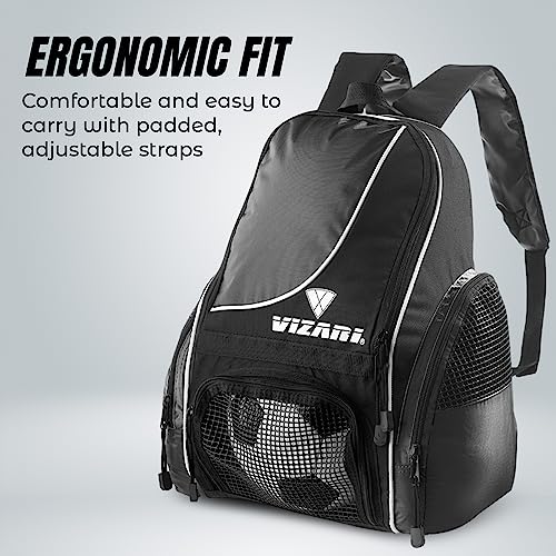 Vizari Solano Soccer Backpack With Ball Compartment and Vented Ball Pocket and Mesh Side Cargo Pockets for Adults and Teens - color: Black