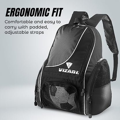 Vizari Solano Soccer Backpack With Ball Compartment and Vented Ball Pocket and Mesh Side Cargo Pockets for Adults and Teens - color: Black