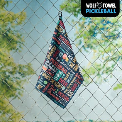 Wolf Golf Towels Pickleball Towel | Pickleball Gifts | Paddles, Balls and Phrases | Sport Towel | Retirement Gift - color: Phrase Collage