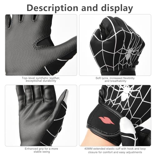 Youth Baseball & Softball Batting Gloves for Kids with Super Grip Fit - color: Spider Black, size: Youth XS/S(5.5in-6in)