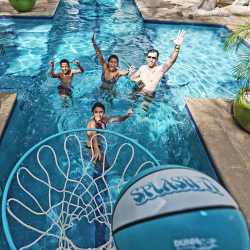 Dunn-Rite Splash & Shoot Pool Basketball Hoop, Adjustable Height Backboard – 200lbs Water-Filled Base, Stainless Steel Rim & Waterproof Basketball, Made in USA, Clear Aqua