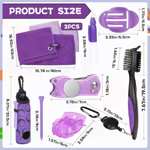 Golf Accessories Kit Golf Club Cleaning Kit Club Groove Cleaner Brush Divot Repair Tool Golf Towel with Clip Ball Bag with Hook Ball Alignment Kit Marking Pen Golf Gift Set Women - color: Purple