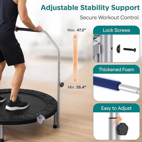 SereneLife 40" Foldable Mini Trampoline for Adults - Compact Fitness Rebounder with Adjustable Foam Handle, Exercise Trampoline with Max Load 330lbs, Indoor/Garden Whole-Body Workout - color: Deep Black