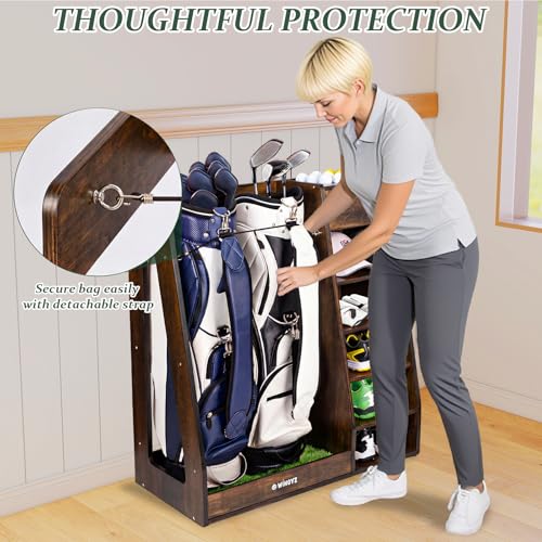 WINGYZ Premium Birch Plywood Golf Bag Storage for 2 Bags | 36lb Rock-Solid Golf Bag Organizer | 7-Shelf Command Center | Artificial Turf 12-Ball Display | No Wall Mounting Required (Brown) - color: Brown