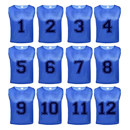 Athllete 12 pcs Duramesh Pinnies/Scrimmage Vest - Kids Youth and Adult Pinnies, Numbered Penny Jerseys for Soccer - color: Azure Blue Numbered Front/Back (1-12), size: Medium