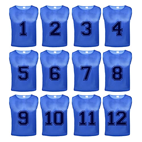 Athllete 12 pcs Duramesh Pinnies/Scrimmage Vest - Kids Youth and Adult Pinnies, Numbered Penny Jerseys for Soccer - color: Azure Blue Numbered Front/Back (1-12), size: Large