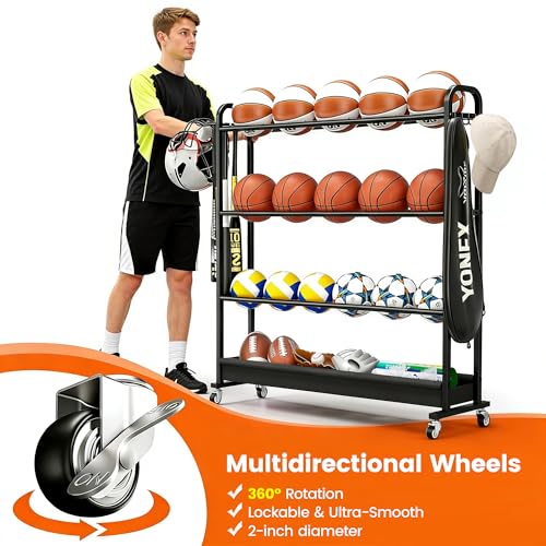 Adjustable Basketball Rack with Wheels, 4-Tier Sports Ball Storage Cart for Basketball Football Volleyball Soccer & More, Holds up to 20 Balls