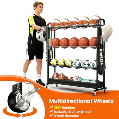 Adjustable Basketball Rack with Wheels, 4-Tier Sports Ball Storage Cart for Basketball Football Volleyball Soccer & More, Holds up to 20 Balls