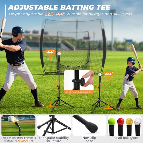 7 x 7 ft Baseball Net with Batting Tee, Baseball Softball Batting Net with Strike Zone for Practice Hitting Pitching Fielding, Quick Setup, Portable, with Carry Bag, 4 Ground Stakes
