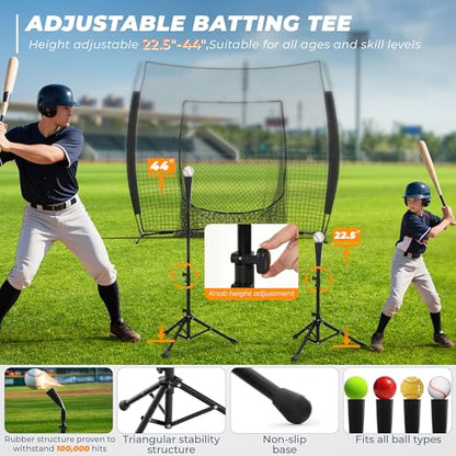 7 x 7 ft Baseball Net with Batting Tee, Baseball Softball Batting Net with Strike Zone for Practice Hitting Pitching Fielding, Quick Setup, Portable, with Carry Bag, 4 Ground Stakes
