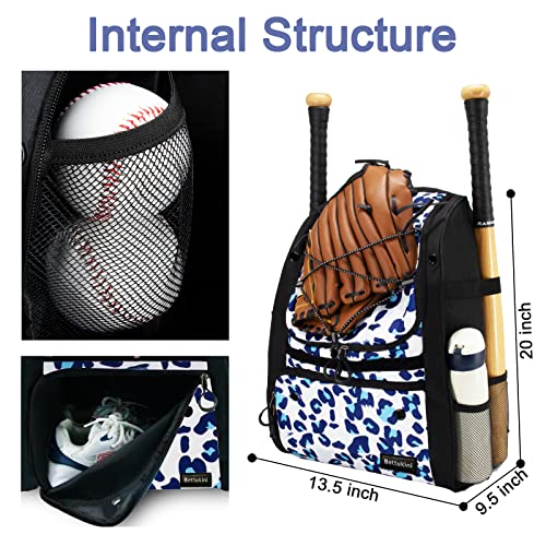 Youth Baseball Bag with Vented Shoe Compartment, Softball Bat Bag for Batting Mitten, Helmet, Teeball Gear - Adult Boys Girls Kids - color: Leo-print