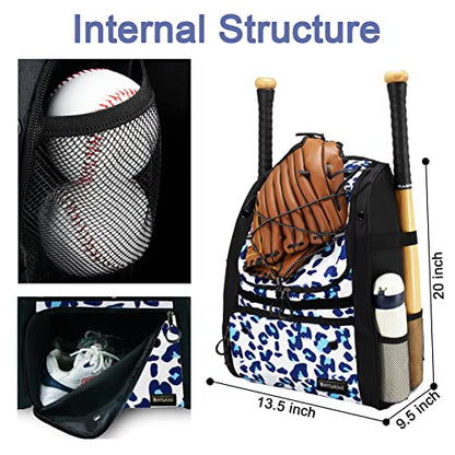 Youth Baseball Bag with Vented Shoe Compartment, Softball Bat Bag for Batting Mitten, Helmet, Teeball Gear - Adult Boys Girls Kids - color: Leo-print