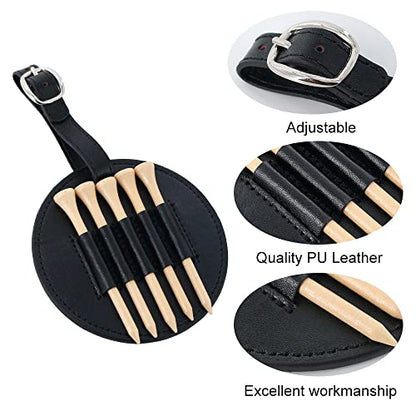 Leather Golf Tees Holder with 5 PCS Wooden Golf Tees 3-1/4 Inch Hook to Golf Bag Belt Clip for Golf Bag