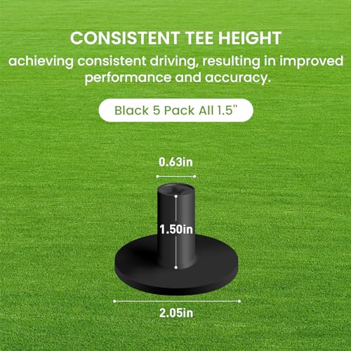 FINGER TEN Golf Rubber Tee Driving Range Value 5 Pack for Indoor Outdoor Practice Mat, Tee Adaptor Size 1.5’’ 2.0’’White Black Tee Holder Set for Hitting Mats - style: Black 5 Pack All 1.5''
