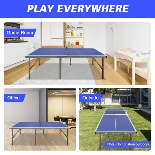 5FT Portable Ping Pong Table, Indoor Outdoor Mid Size Foldable Table Tennis Table, Table Tennis for Rec Room w/ 2 Paddles, 3 Balls, Game Net and Adjustable Feet, Sturdy Iron Frame