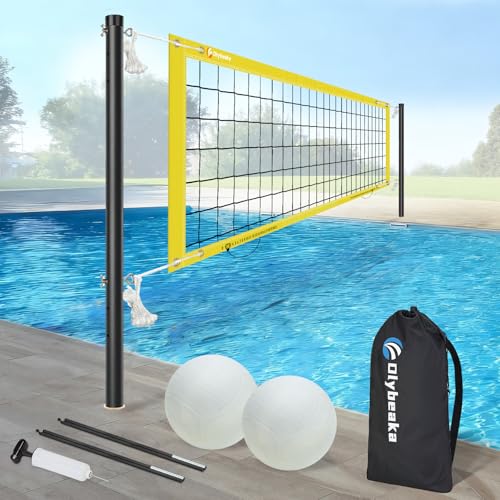 Base Free Swimming Pool Volleyball Net Set for Inground Pools with 3-Height Adjustable Aluminium Poles, Durable Anti-Sagging Net, 2 Water Volleyballs and Carry Bag - color: Yellow