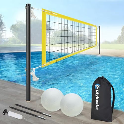 Base Free Swimming Pool Volleyball Net Set for Inground Pools with 3-Height Adjustable Aluminium Poles, Durable Anti-Sagging Net, 2 Water Volleyballs and Carry Bag - color: Yellow