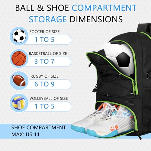 Goloni 30L Sports Backpack with Ball Compartment & Ventilated Shoe Pocket,Basketball Soccer Bag for Youth Boys Girls - color: Black Green