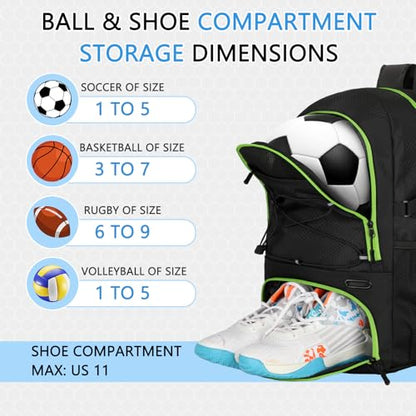 Goloni 30L Sports Backpack with Ball Compartment & Ventilated Shoe Pocket,Basketball Soccer Bag for Youth Boys Girls - color: Black Green